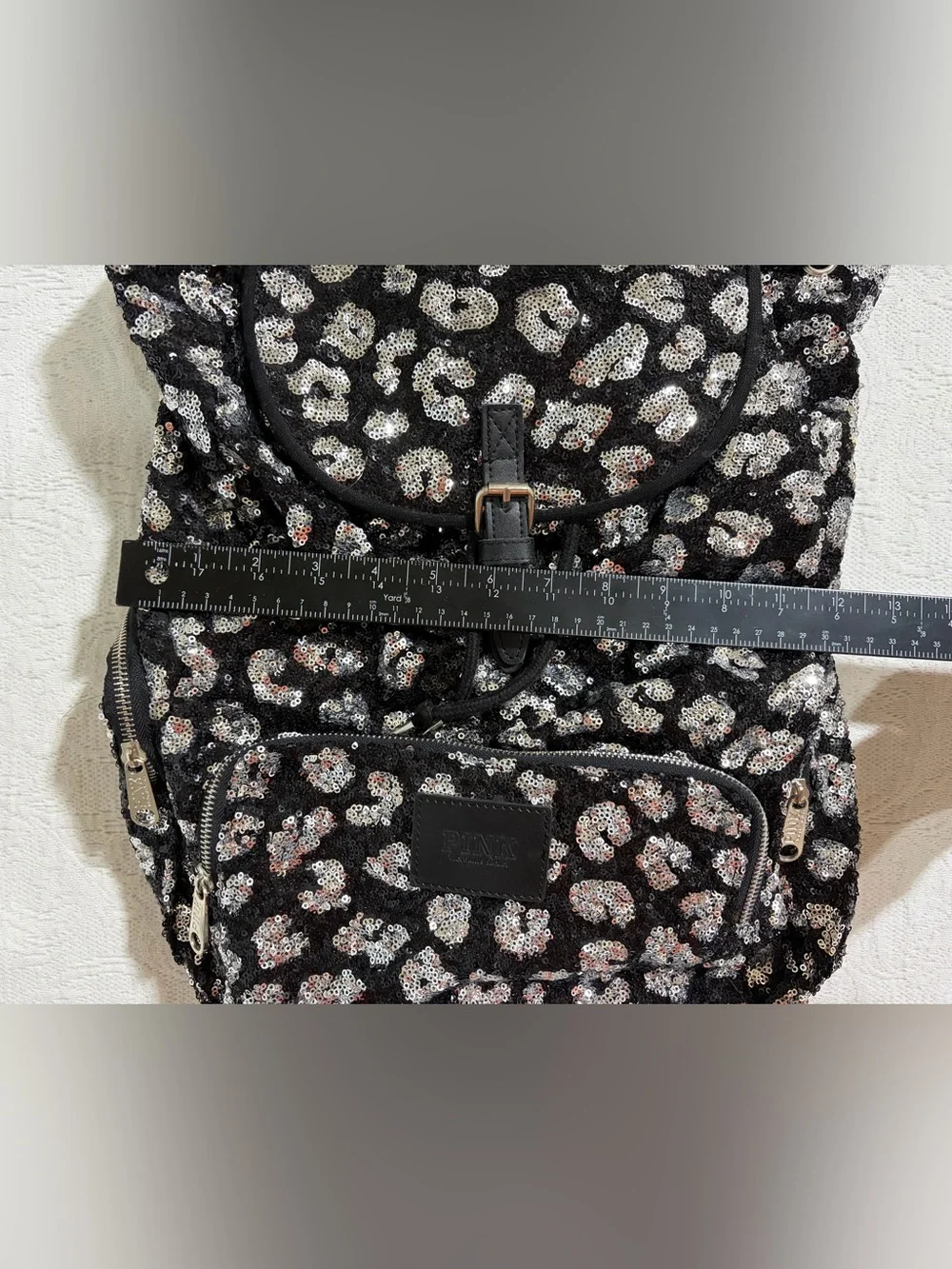 Victoria's Secret PINK Leopard Cheetah Backpack Bag Sequin Black Silver RARE